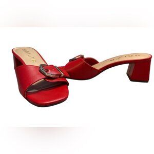 Unisa Red Leather Buckle Block Heel Mules Size 6 | 2” Heel Slide Sandals